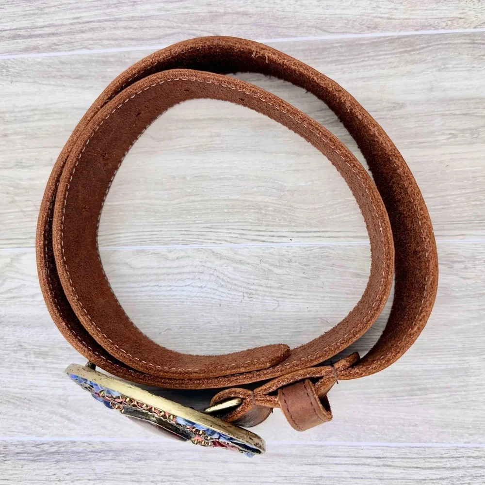 Leatherock Brown Leather Belt w/ Beautiful Stone Embellished Buckle XS 28”-32”